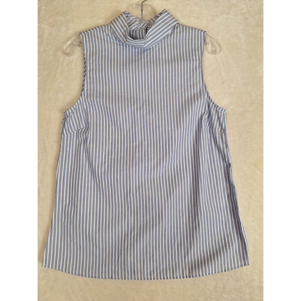 H&M Blue Pin Striped Sleeveless Collared Top Women's 8 Button Back Cotton NWT